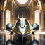 Placeholder: stunning hyper-realistic render of a sleek and elegant Naboo staryacht in pearlescent gasoline green with gold trim sitting in ancient jedi temple hangar, fully symmetric details