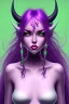 Placeholder: cute purple haired devil girl with bright green eyes and black horns on her head wearing a purple/pink dress