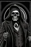 Placeholder: ultra high image quality, Grim Reaper, WEARING A 3 PIECE SUIT, POSED FOR DOLLAR BILL PORTRAIT, LINE TONE, WSJ STYLE, HEDCUT, Close-up of an set against AMOLED-worthy pure black backdrop, fantasy art style infused with filter, tailored for vertical wallpaper, exclusive design with no duplicates, radiating beauty suitable for a PC screen image, vivid colors, ultra fine, digital painting.