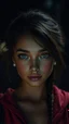 Placeholder: Dark Night. Hyper realistic . A unrealistic Beautiful girl. , Detailed skin. Detailed lips. Bright Shining detailed cat eyes. . High detail. Photorealistic. 8k. Visually stunning. Detailed clothing. Only one Light source. Symmetrical.