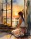 Placeholder: Watercolor painting of a young girl looking at the setting sun, watercolor painting style, masterpiece, beautiful, simple room in the background, vintage, young girl, 13 years old, watercolor painting, very detailed, best quality, painted by Willem Haenraets