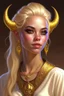 Placeholder: a young tiefling woman with white blonde hair and gold jewelry