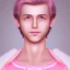 Placeholder: full body photo of smiling feminine pretty 19 year old boy wearing all pink girl's babydoll dress that is too small, with rainbow glitter eye make-up, flat chest, pronounced adam's apples, short and long pink hair, no body hair, no tattoos, lgbt, transgender, highly detailed, photo realistic, plain background, still shot, photo realism, full body photo, 8k high resolution, high detail, --ar 2:3 --v 4