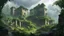 Placeholder: photorealism : The ruins of a stone village in the midst of rain and thunderbolts in the jungle