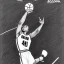 Placeholder: Realistic, drawing, black and white, basketball player, slam dunk