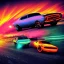 Placeholder: art deco, cyberpunk, two neon muscle cars, race, speed, desert road, sunset, full colour, hd,