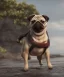 Placeholder: pug dog in an action scene by the sea