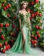 Placeholder: 📷🍓💃 length image full body sweet pose pretty woman wearing a beautiful high details natural beuty color unique gown costume made of elements varieties strawberries fruits.fully botanical green leaves and variaties roses,orchids flowers background