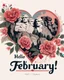 Placeholder: 1:1 ratio A highly detailed Image in the style of Art Nouveau, of tastefully painted hearts and flowers in shades of reds, pinks, corals and ivory, add a superimposed transparent image of the president's on Mount Rushmore in the corner. Image is edge to edge, no frame. Bold script text "Hello February!" , wide-angle shot, vibrant color grading, shallow depth of field, adventure, league of legends style concept art