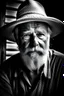Placeholder: fotografía en blanco y negro de un pescador de 70 años, con barba y bigotes, sombrero de paja y una canasta, en un muelle de madera, gran plano general, alto contraste, luz intensa