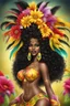 Placeholder: Create a digital airbrush cartoon of a curvy African American female wearing Brazilian carnaval outfit outfit that's Black, yellow, and red Prominent make up with hazel eyes. Highly detailed very long extremely curly black hair. Her skin is smooth and silky. Background eof a judge full of colorful flowers