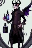 Placeholder: Young tiefling nobleman alchemist with black hair horns and large reptilian tail gothic jewelry and potion bottles in the style of Charles Addams