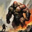 Placeholder: [art by Alex Maleev] In the heart of a rugged battlefield, a colossal bald warrior, a behemoth of strength and determination, engages in a fierce confrontation with a savage orc. The clash between the two titans reverberates through the air, echoing the primal struggle for dominance. The giant warrior, muscles bulging and eyes ablaze, wields a massive weapon with precision, while the orc, a formidable foe with green skin and tusks, retaliates with brutal ferocity. Each blow exchanged is a testam