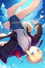 Placeholder: blonde girl falls with jacket fall from the sky, sky falling