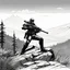 Placeholder: A Terminator as a sniper on a hill in the bush, his long rifle on a rock, ready to fire. Record of Lodoss War style, Linework: Expressive, expressive black ink line art with variable stroke weights. Crisp contours define silhouettes while fine hatching adds subtle depth and form.