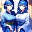 Placeholder: Clear focus,8k resolution, Blue hair, Blue eyes, smiling, Yukata clothes, Twins, Blue eyes,