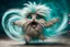 Placeholder: cute dust bunny fizzgig being swept into a magical wind vortex, fluffy gray detailed fur texture, dirty, oversized expressive eyes, open mouth panic fearful expression, dynamic diagonal motion pose, limbs reaching forward, body tilted in perspective, sense of speed and motion, flowing translucent teal and aqua wind ribbons, spiraling air currents forming a curved arc, soft tornado funnel in the top corner, painterly semi-transparent wind, 3d puppet