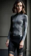 Placeholder: photography of a beautiful anorexic woman, grey satin triathlon top, brunette wavy bob haircut, pronounced sternum, flat chest, grey satin cycling leggins