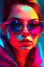 Placeholder: a close up of a person wearing sunglasses, artwork in the style of guweiz, vivid neon color, bright fuchsia skin, should eyes, staring you down, beautiful frames, hyper feminine, colorful patterns