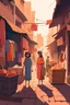 Placeholder: Vector. Illustration. the alley big market. Minimal. Woman's , children's. 2D animated. 1800 AD. Digital painting, Old, Poor