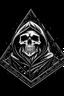 Placeholder: skeleton in a black hooded cloak drawn in a retro mascot cartoon style, inside a light diamond shape on a black background, monochromatic