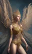 Placeholder: Female angel with beautiful perfect face big wings and golden crown floating above the ground in the dark enviroment, anatomically correct, michelangelo style, detailed, world of warcraft style, dark forest, trees, painting, brush strokes, 8k, dark forest in the background, epic scene, epic painting