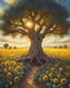 Placeholder: an ancient olive tree in the center of a sunflower field in in impasto style , golden light hour, blue sky full of cotton clouds, simple, peacefull, hyperrealistic --style raw --stylize 750 Modifiers: elegant 8k oil on canvas cinematic lighting very attractive beautiful dynamic lighting fantastic view close up Unreal Engine cinematic postprocessing acrylic art Surrealism Impressionist luminism Craig Rutkowski Tesselated 8k beautiful cinematic lighting elegant very attractive oil on canvas beauti