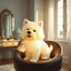 Placeholder: Generate image: A macro 3D render of a cute, lovely wooly white black dog,made of Translucent glossy jelly material, soft gelatinous appearance, smooth rounded surface, realistic subsurface scattering, internal light diffusion, subtle volumetric translucency, wet polished highlights, slightly reflective surface, soft rubbery-plastic texture, vibrant neon color, physically based shader, studio lighting, high-end CGI render.on a chair in a luxury bedroom next to makeup desk next to a open window