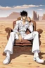 Placeholder: Nicholas Wolfwood Trigun is sitting on a couch in the middle of the desert