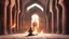 Placeholder: Hyper Realistic back-view of few throwing-sword on a man praying namaz in prehistoric-ancient-brick-mosque-with-ancient-islamic-architectural-patterns-crafted & flame-torches-on-wall showing dramatic & cinematic ambiance