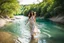 Placeholder: beautiful girl in pretty dress walking in water toward camera in trees next to wavy river with clear water and nice sands in floor.camera capture from her full body front