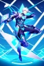 Placeholder: neon blue, flying parts of armor in form of triangles, cyber armor, geometric patterns on armor, male, orbiting triangle