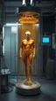 Placeholder: Sleeper in tube cabinet made of glass filled to the top with honey coloured liquid , in a laboratory inside it a half alien and a half human creature body standing vertically inside , connected with wires and electrical wires , the human standing in side, a high tech equipment in the background ,4K, cinematic, high resolution