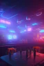 Placeholder: dog and gun in a cyberpunk bar, digital art style. fantasy, neon lights, volumetric lighting, particales, wide shot