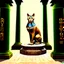 Placeholder: Cubism iridescent 3D-shaded Egyptian abstract art in Morris Hirshfield's richly textured style on weathered parchment. Engraved Egyptian glyphs. Highly detailed. (Bastet, the Egyptian cat goddess, sitting on a pedestal in a complex, detailed temple room, in front of beautifully decorated pillars adorned with Egyptian glyphs, and ankhs, on a noble, tiled floor. The cat wears tattoos, and her body is adorned with precious gold and lapis lazuli jewelry.) palm trees, more cats in soft focus backgrou