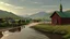 Placeholder: Looking across a torrential dangerous river to a village of new wooden houses, circular wooden church, and farm buildings, and mountains in the far distance, highly detailed, realistic, sunshine, RTX