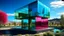 Placeholder: Futuristic house built from colored glass parallelepipeds, each designated for a different use. Sleek design with dazzling reflections and a natural setting that enhances its vibrant hues.