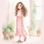 Placeholder: watercolor, full body, different poses, cute smile girl, curly hair, big eyes, long brown hair, pink dress, pink shoes, white backgrownd