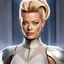 Placeholder: Highly detailed cinematic portrait of Jeri Ryan as Seven of Nine from Star Trek Voyager, confident and poised expression, iconic blonde updo hairstyle, subtle metallic cybernetic implants on left eye and hand in classic Voyager style, elegant form-fitting futuristic bodysuit reimagined as delicate sheer layered ensemble with intricate lace-like patterns and translucent mesh panels, soft luxurious fabric textures, sophisticated boudoir-inspired fashion pose, standing gracefully in a softly lit ne