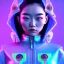 Placeholder: asian woman teenager, few freckles, padded coat, retro futuristic, latex dress, gradient color, BLUE, PINK, CYAN, neon, insanely detailed, 16k resolution, perfect eyes, cinematic smooth, intricate detail