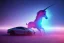 Placeholder: one glowing unicorn in a car in space,nebula in the backround,