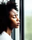 Placeholder: Crying girl, sad, expressive, emotive, frowning, furrowed eyebrows, pouting lips, African American, curly hair, looking out rainy window,