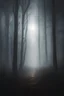 Placeholder: the clearing of a dark forest, fog rolling along the ground, a bright light barely seen in the distance, dark entities hiding amongst trees