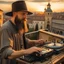 Placeholder: A bearded DJ with a hat on his head at the console, many electronic devices, consoles around, play middle street of medieval city,sunset