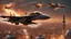 Placeholder: 4k Photorealism: formation of burning fighter jets in the air, tense atmosphere, night lighting, city background and mosque dome