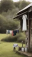 Placeholder: A wet washed clothes hanging on a rob on a farm with barely farm, also some wedding dress is hanging too