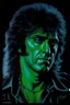 Placeholder: Head and shoulders image - oil painting by Scott Kendall - pitch Black solo record album with emerald glowing in tips of hair - 30-year-old Peter Criss (Drummer) with shoulder length, wavy, straight black and gray hair, with his face made up to look like a cat's face - in the art style of Boris Vallejo, Frank Frazetta, Julie bell, Caravaggio, Rembrandt, Michelangelo, Picasso, Gilbert Stuart, Gerald Brom, Thomas Kinkade, Neal Adams, Jim Lee, Sanjulian, Thomas Kinkade, Jim Lee, Alex Ross,