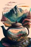 Placeholder: Cozy vibes drawing art tea pot, garden inside tea pot, mountain range in background