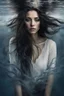 Placeholder: matte painting of a beautiful woman's face just under the surface of the water, close-up, sad, peaceful, beautiful, long messy hair, minimal colors, rough paint strokes, black, white, and a hint of dark blue and silver, paint strokes, insanely detailed, detailed matte painting, deep colors, intricate detail, splash screen, mystic, complementary colors