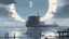 Placeholder: giant half transparent moon, glitchy, blurry, mechanical, sci-fi, maximum quality, centered on frame, far view, seaside, white sky with cumulonimbus, anime, makoto shinkai style, japanese pier, rusty, decrepit, foggy, grayscale